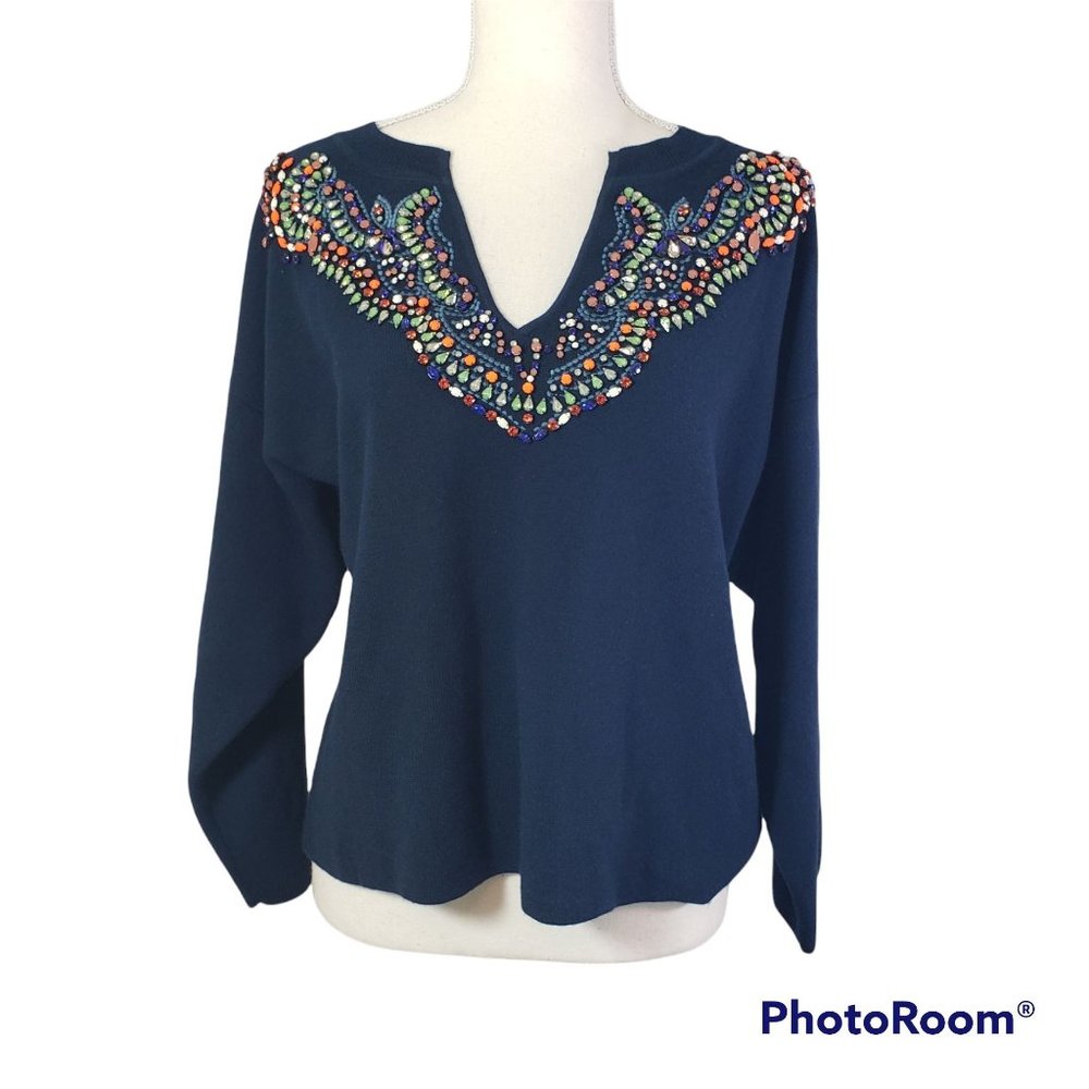 Anthropologie Moth Women Beaded Navy Sweater Medium